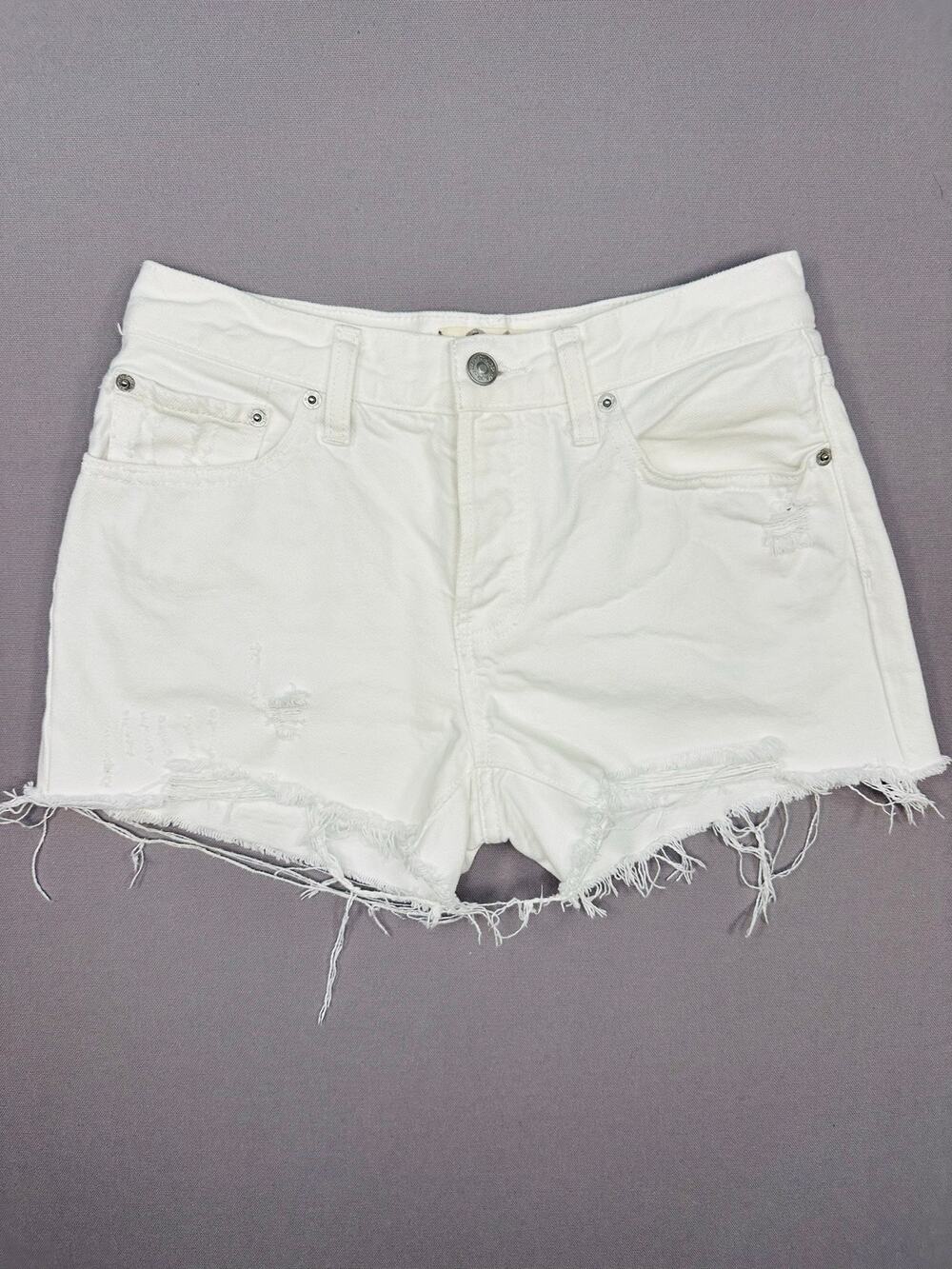 We The Free - Free People White Denim Button Fly Distressed Jean Shorts Size 26